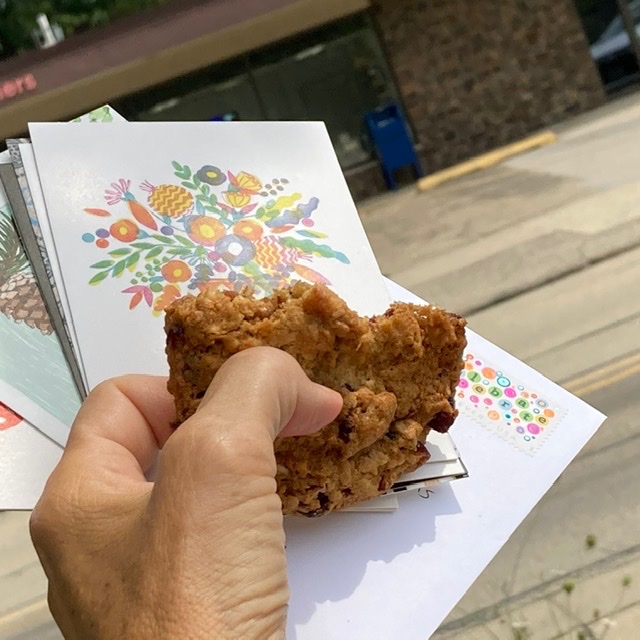 Trail Mix Eating a cookie so ants will enjoy it too. Sending flowery words snail mail. Walking the Green Bay Trail to the nearby post box that I hope will always be there.